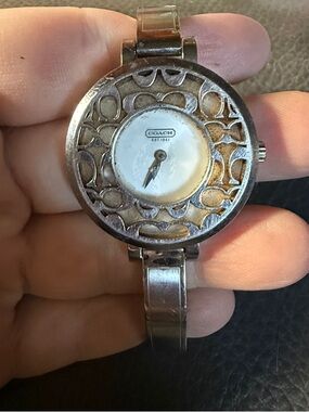 Coach Silver-Tone Openwork Bracelet Watch with Mother-of-Pearl Dial